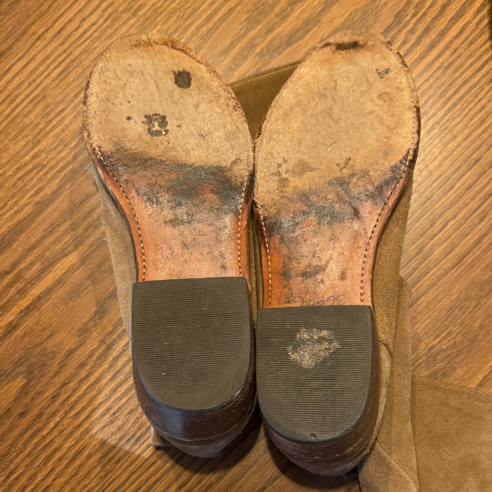 Frye Tan Suede Boots with Black Soles